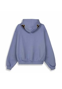 Light blue hoodie with a soft texture, featuring a large kangaroo pocket and brown bear embroidery on the hood. Ribbed cuffs and hem.