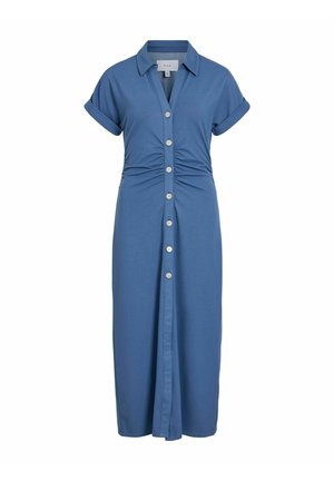 Vestido midi azul con mangas cortas con puños, cierre de botones en la parte delantera, cuello y ligero fruncido en la cintura.