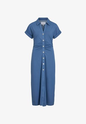 Vestido midi azul con mangas cortas con puños, cierre de botones en la parte delantera, cuello y ligero fruncido en la cintura.