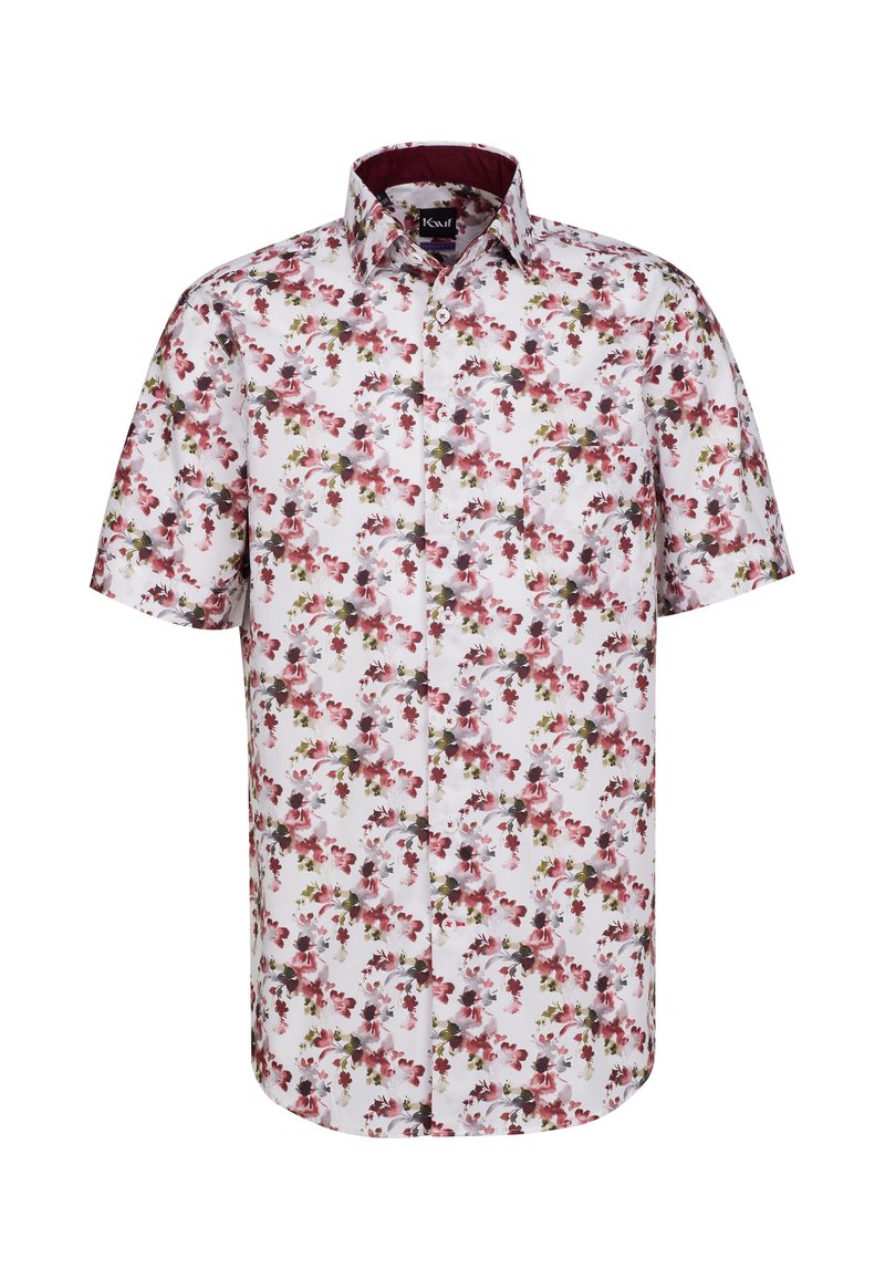 Camicia a maniche corte bianca con un motivo floreale in tonalità di rosa, rosso e verde; presenta un colletto button-down e una tasca sul petto.