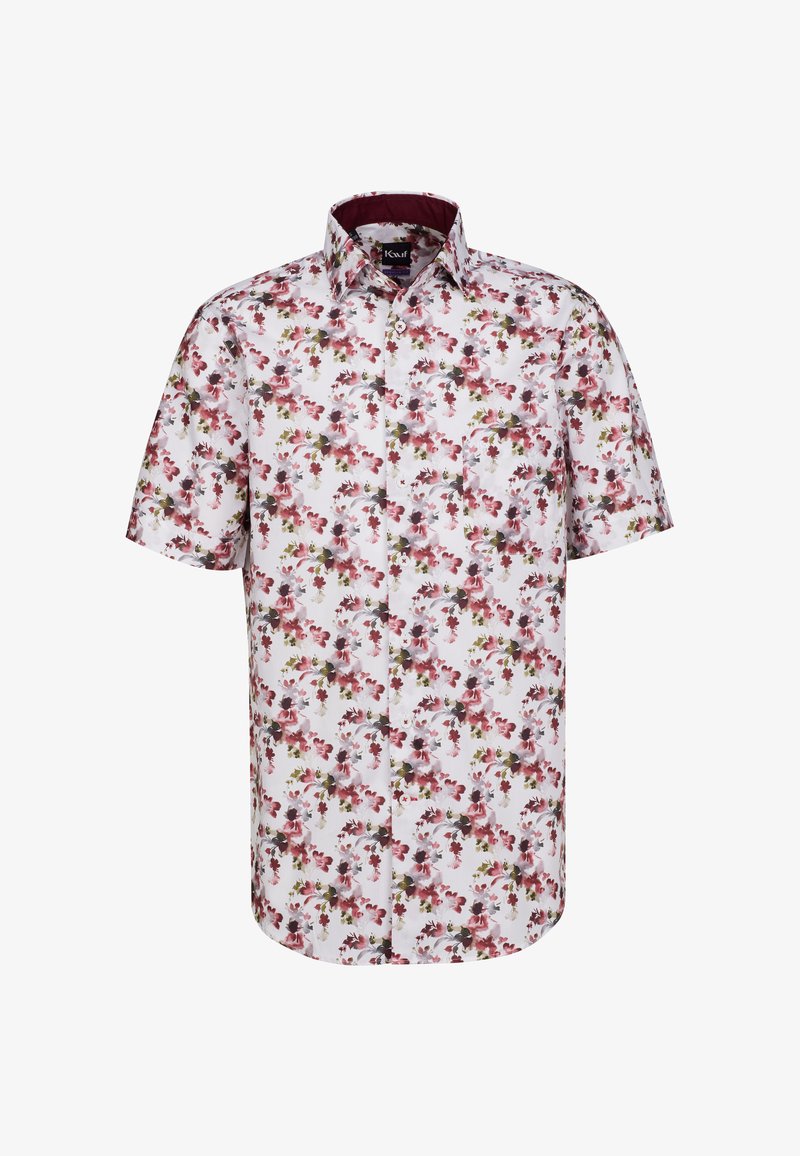 Camicia a maniche corte bianca con un motivo floreale in tonalità di rosa, rosso e verde; presenta un colletto button-down e una tasca sul petto.