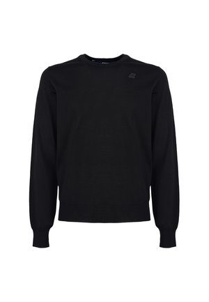 Schwarzer Rundhalspullover aus glattem Strickstoff. Lange Ärmel mit eng anliegenden Bündchen und einem dezenten Logodetail auf der Brust.