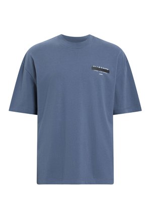 Blaues Baumwoll-T-Shirt mit lockerer Passform, rundem Ausschnitt und kurzen Ärmeln. Mit bedrucktem Logo und Text auf der Brust.