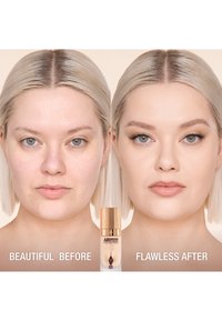 Before-and-after comparison of a face showing makeup application. The left side features natural skin; the right shows enhanced complexion with foundation. A bottle of Airbrush Foundation is centered below, displaying a gold cap and cream-colored container.