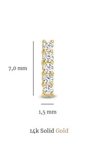 Ohrringe aus 14-karätigem massivem Gold mit fünf runden, klaren Edelsteinen in vertikaler Anordnung, Maße: 7 mm x 1,5 mm.