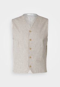 Beige checked vest with a v-neckline, six buttons, and two side pockets. Made of lightweight fabric with a smooth inner lining.