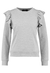 Harmaa collegepaita, jossa on olkapäillä rypytettyjä yksityiskohtia, valmistettu pehmeästä kankaasta. Siinä on pyöreä pääntie sekä resorit hihansuissa ja helmassa.