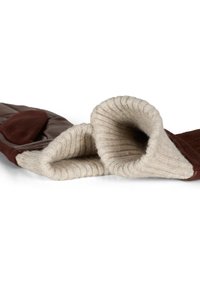 Brun skinnhanske med mansjett i lys beige strikket fôr, med ribbet tekstur og en glatt overflate, designet for varme.