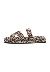 Leopard print sandals with two adjustable straps, flat sole, and soft texture. Features a black rubber outsole and a light brown footbed.