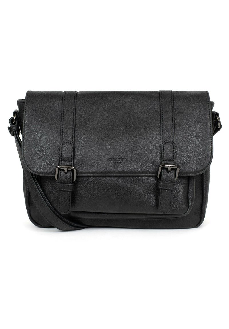 Borsa messenger in pelle nera con chiusura a patta, due cinturini frontali, tracolla regolabile e finitura testurizzata. Forma rettangolare classica.