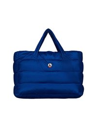 Sac à dos rembourré bleu avec deux poignées, présentant des sections matelassées horizontales et un détail de logo rond sur le devant.