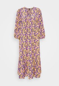 Blommig klänning med lila, rosa och gula blommor på en mörk bakgrund, långa ärmar, rynkad halsringning och en utsvängd nederkant.