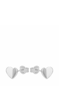 Pendientes de aro en forma de corazón de plata con un acabado pulido, que presentan un diseño de dos partes y un cierre de palanca. Marcado 925 para plata de ley.