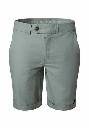 Hellgrau-grüne legere Herrenshorts mit aufgekrempelten Säumen, Knopf- und Reißverschluss sowie Gürtelschlaufen.
