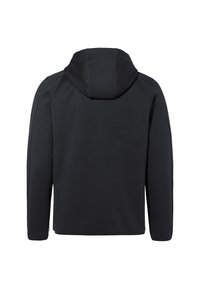 Felpa nera con cappuccio realizzata in tessuto morbido; presenta un cappuccio intero, maniche raglan e un orlo dritto. Nessun logo o dettaglio visibile.