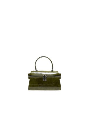 Sac à main vert olive à texture crocodile avec poignée supérieure et fermeture éclair double argentée, sur fond blanc.