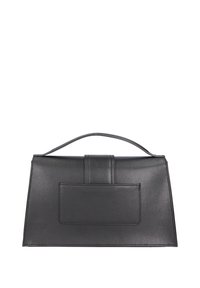 Borsa a mano in pelle nera con design strutturato, manico superiore e tasca frontale. Presenta una superficie testurizzata e dettagli cuciti.