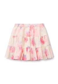 Gonna a strati floreale in tessuto leggero, con motivi ad acquerello in rosa pastello e lavanda, con cintura elastica e orlo arricciato.