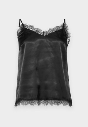 Zwarte satijnen camisole met kant langs de halslijn en de zoom. Voorzien van dunne verstelbare schouderbandjes en een zachte, gladde textuur.