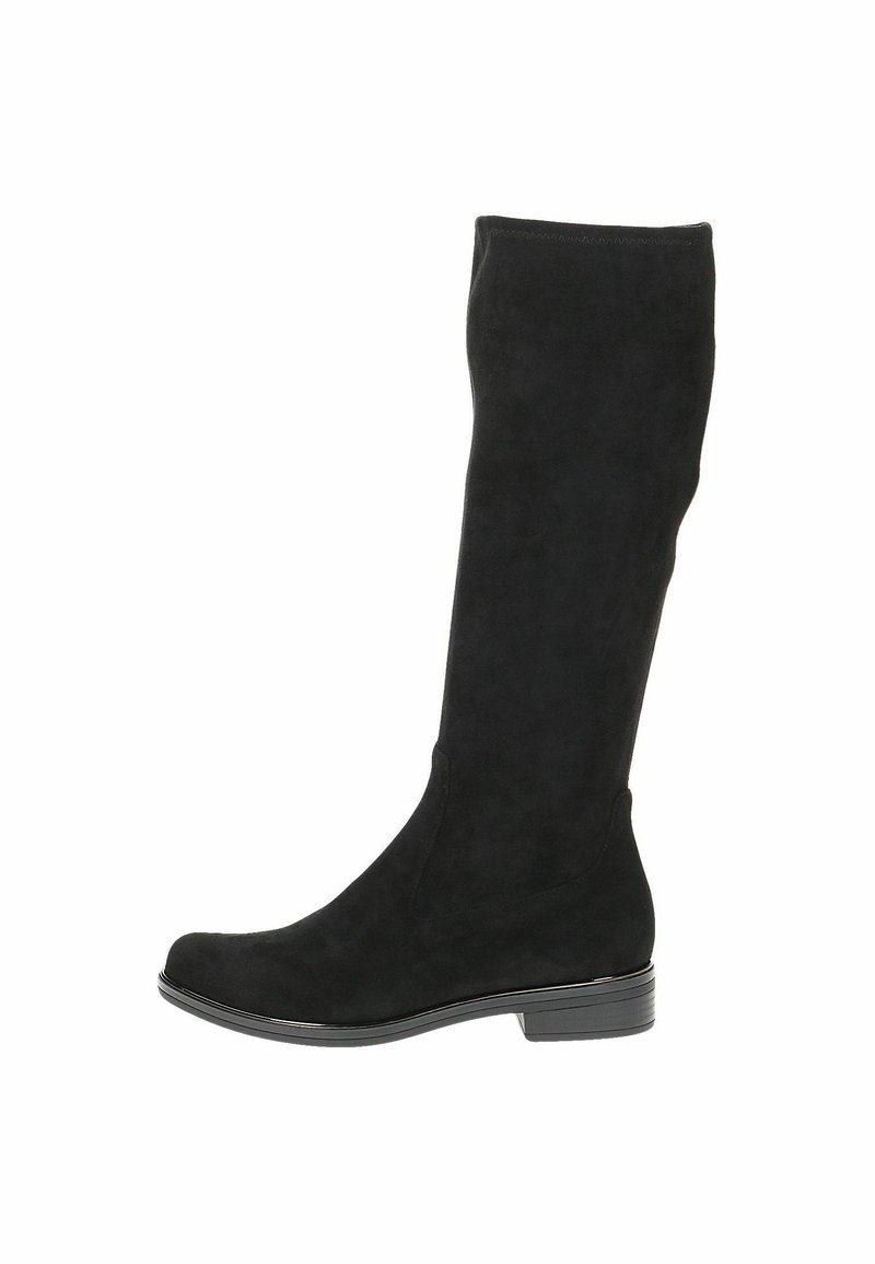 Botte femme haute jusqu'au genou en daim noir, talon bas empilé et bout arrondi, profil latéral sur fond blanc.