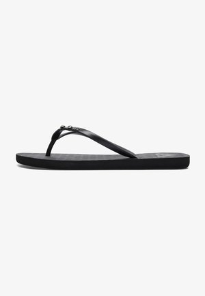 Black flip-flop sandal with a textured sole, thin straps, and decorative metal accents on the upper. Flat and flexible design.