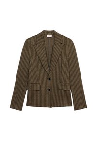 Blazer à carreaux marron avec une coupe ajustée, revers crantés, deux poches avant et boutons noirs, fabriqué en tissu texturé.
