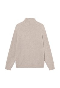 Μπεζ ριπ πουλόβερ με ψηλό γιακά, μακριά μανίκια και χαλαρή εφαρμογή. Διαθέτει κατακόρυφη υφή σε όλο το ύφασμα. Χωρίς ορατά υλικά.