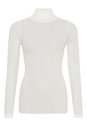 Bílé long-sleeve rolákové tričko vyrobené z lehkého, hladkého materiálu. Má přiléhavý střih a vlnitý lem ve spodní části.