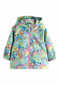 Vedenpitävä hupputakki, jossa on värikäs kissanpentu- ja kukkakuosi. Kuoren materiaali on vaaleansininen, jossa on vaaleanpunainen vetoketju ja joustavat hihansuut.