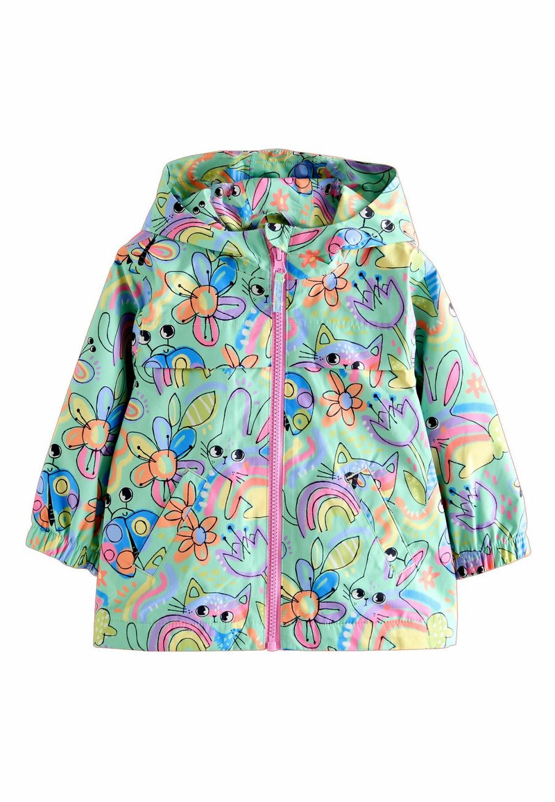 Vedenpitävä hupputakki, jossa on värikäs kissanpentu- ja kukkakuosi. Kuoren materiaali on vaaleansininen, jossa on vaaleanpunainen vetoketju ja joustavat hihansuut.