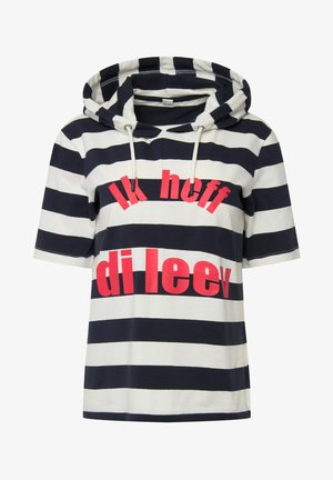 Gekapte korte mouw top met navy en witte horizontale strepen, met dikke rode tekst die "Ik hoff di leev" zegt. Katoenmix materiaal.