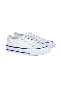 Zapatillas de lona blancas con ojales plateados, rayas negras en las suelas de goma y una puntera redondeada. Cuerdas planas y material superior texturizado.