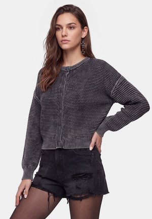 Ung kvinde med langt hår iført en grå strikket sweater med knapper, sorte revnede denimshorts, stjerneformede øreringe og gennemsigtige sorte strømpebukser.