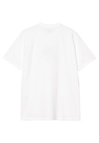 Camiseta de algodón blanca, de cuello redondo, manga corta, corte relajado, diseño liso, sin gráficos ni patrones, textura suave, adecuada para uso casual.
