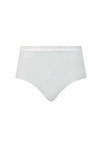 Culotte blanche sans couture pour femme, taille haute, avec une délicate bordure en dentelle le long du bord supérieur, sur un fond blanc.