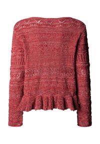 Roter gestrickter Pullover mit langen Ärmeln, komplizierten Spitzenmustern und einem gerüschten Saum, von hinten vor weißem Hintergrund gezeigt.