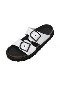 White synthetic slide sandal with two adjustable black buckles, black rubber sole, and cork insole, featuring a smooth surface and rounded shape.