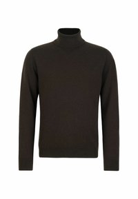 Ciemnobrązowy golf wykonany z miękkiej, dzianinowej tkaniny. Posiada długie rękawy i dopasowany krój. Brak widocznych wzorów lub akcentów.