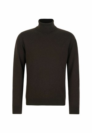 Dunkelbrauner Rollkragenpullover aus einem weichen, gestrickten Stoff. Verfügt über lange Ärmel und eine taillierte Silhouette. Keine sichtbaren Muster oder Akzente.