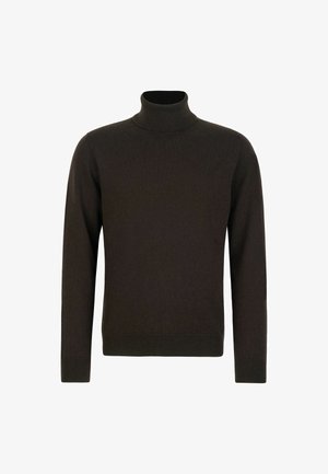 Mørkebrun rullekravesweater lavet af et blødt, strikket stof. Har lange ærmer og en tætsiddende silhuet. Ingen synlige mønstre eller accenter.