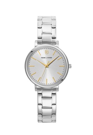 Srebrny zegarek na nadgarstek z metalową bransoletą z ogniw, okrągłą tarczą, złotymi indeksami godzin i wskazówkami, nazwą marki "Pierre Lannier" pod logo o godzinie 12.