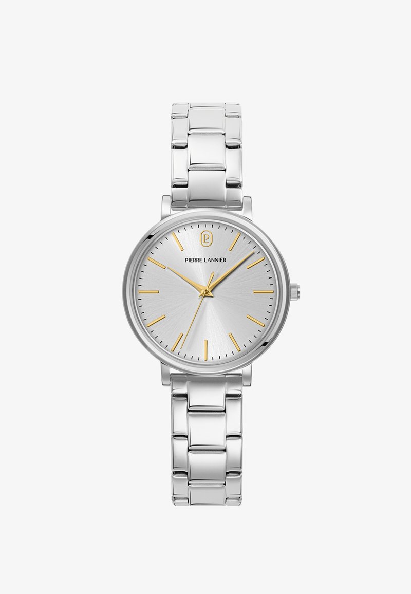 Hopeinen rannekello, jossa metallinen ranneke, pyöreä taulu, kultaiset tunti- ja viisariosoittimet sekä brändinimi "Pierre Lannier" logon alla kello 12:n kohdalla.