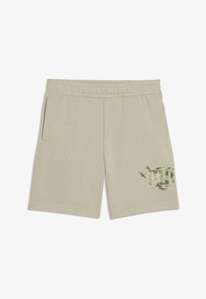 Shorts décontractés beige clair avec ceinture élastique, poches latérales et logo "PUMA" délavé sur la jambe inférieure gauche.