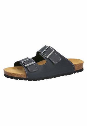 Schwarze Sandale mit offenem Zehenbereich, zwei verstellbaren silbernen Schnallen, Korkfußbett und schwarzer Gummisohle.