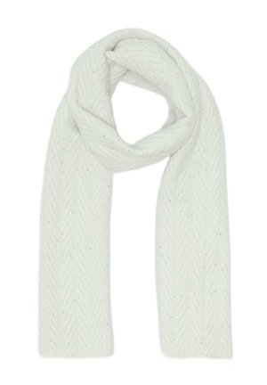Écharpe blanche en matériau doux, présentant un subtil motif en chevrons avec de petites paillettes. Forme classique, longue et rectangulaire.