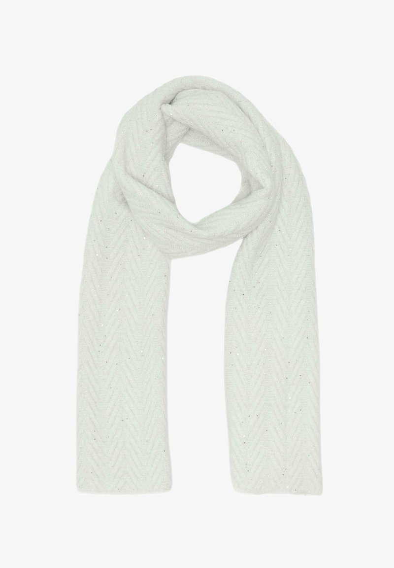 White scarf made of soft material, featuring a subtle herringbone pattern with small sparkles throughout. Classic long and rectangular shape.