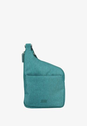Sac à épaule teal avec un tissu texturé, une forme angulaire et une poche avant. Dispose d'une quincaillerie en argent et d'un logo en bas.