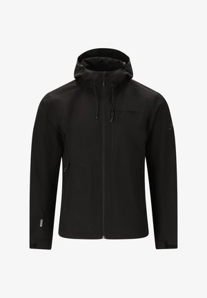 Giacca nera impermeabile con cappuccio, dotata di tasche con cerniera, cordini regolabili e design snello. Texture liscia opaca.