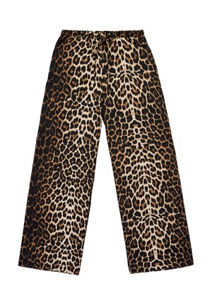 Wijde broek met elastische tailleband en trekkoord, voorzien van een bruine en zwarte luipaardprint op een lichte achtergrond.