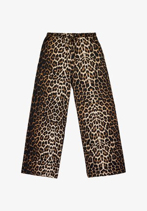 Pantaloni a gamba larga con vita elasticizzata e coulisse, caratterizzati da un motivo leopardato marrone e nero su fondo chiaro.